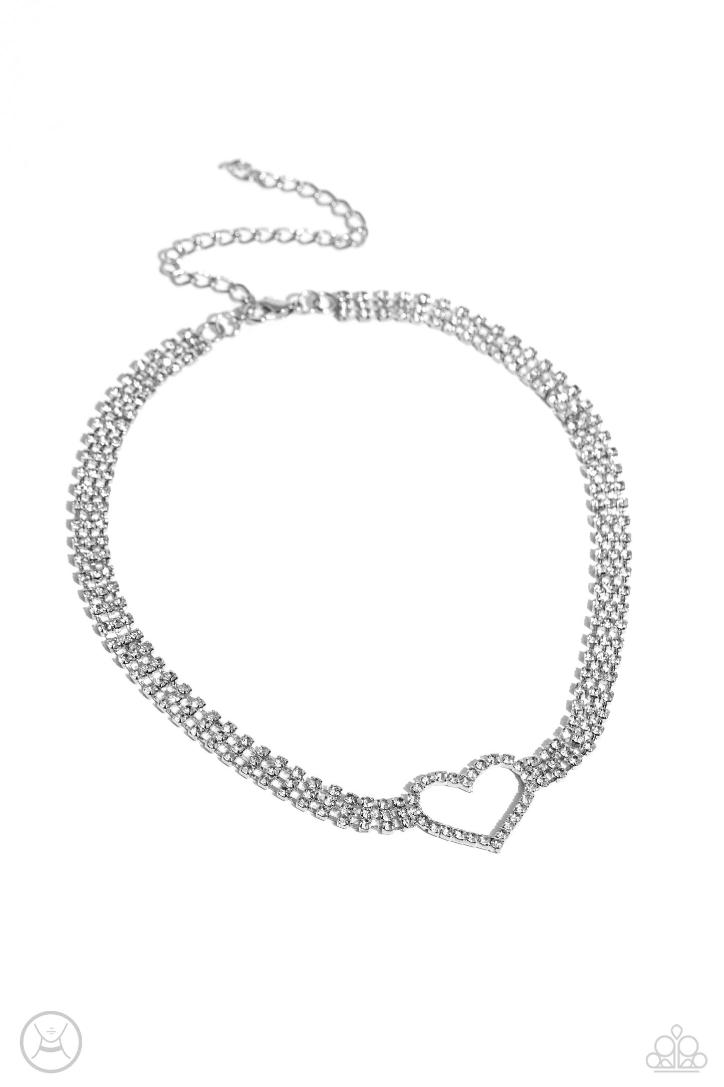 Rows of Romance - White Rhinestone Silver Heart Choker Necklace Paparazzi N2477