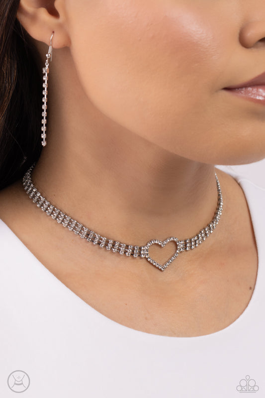 Rows of Romance - White Rhinestone Silver Heart Choker Necklace Paparazzi N2477