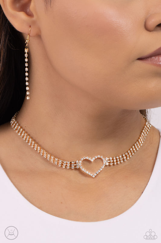 Rows of Romance - Gold Heart & White Rhinestone Choker Necklace Paparazzi N2414