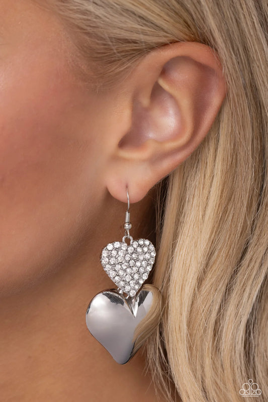Charming Connection - White Rhinestone Silver Heart Earrings Paparazzi E3098