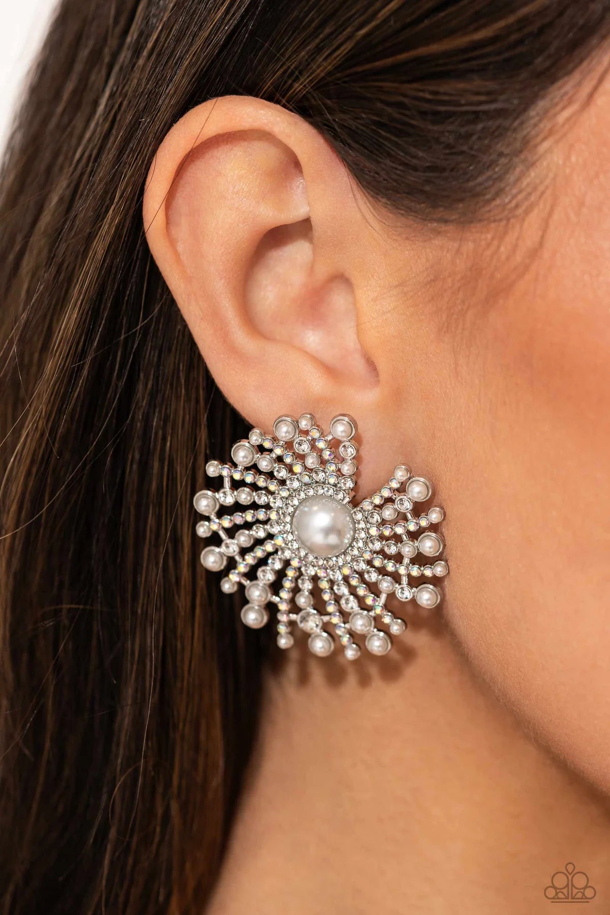 Fancy Fireworks - White Pearl, Iridescent Rhinestone Earring Life Of The Party December 2023 Paparazzi E1816