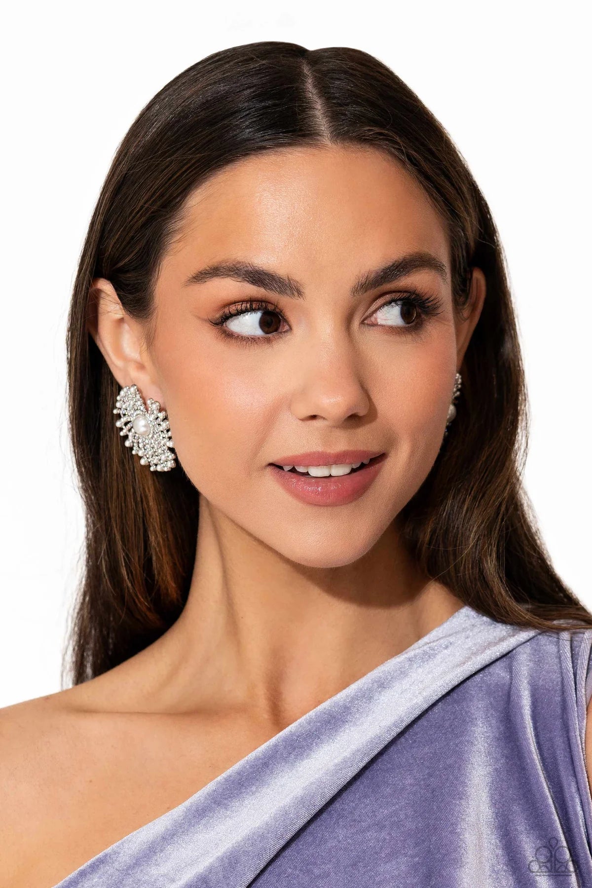 Fancy Fireworks - White Pearl, Iridescent Rhinestone Earring Life Of The Party December 2023 Paparazzi E1816