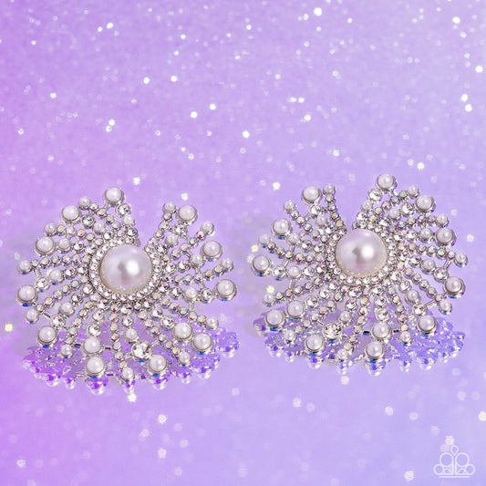 Fancy Fireworks - White Pearl, Iridescent Rhinestone Earring Life Of The Party December 2023 Paparazzi E1816