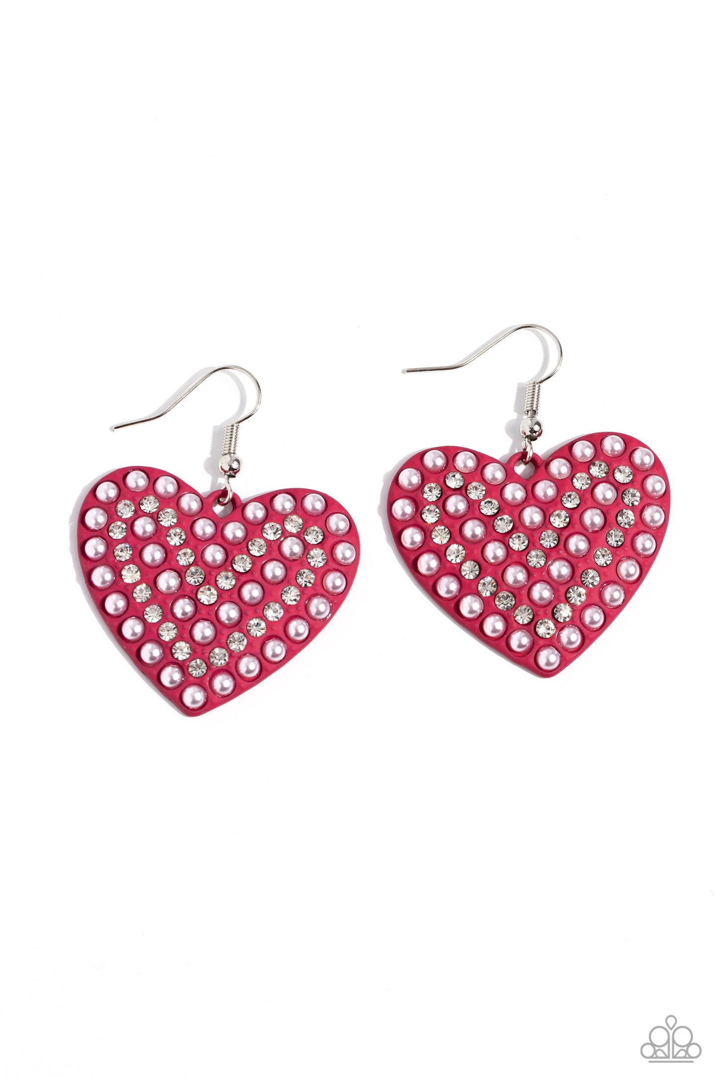 Romantic Reunion - Pink Pearl & White Rhinestone Heart Earrings Paparazzi E2251