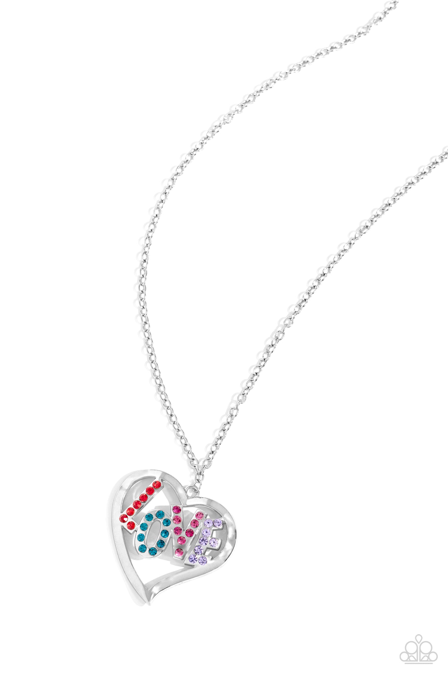 Loving Landmark - Red, Blue Fuchsai & Violet Rhinestone "LOVE" Inspirational Heart Necklace Paparazzi N2192