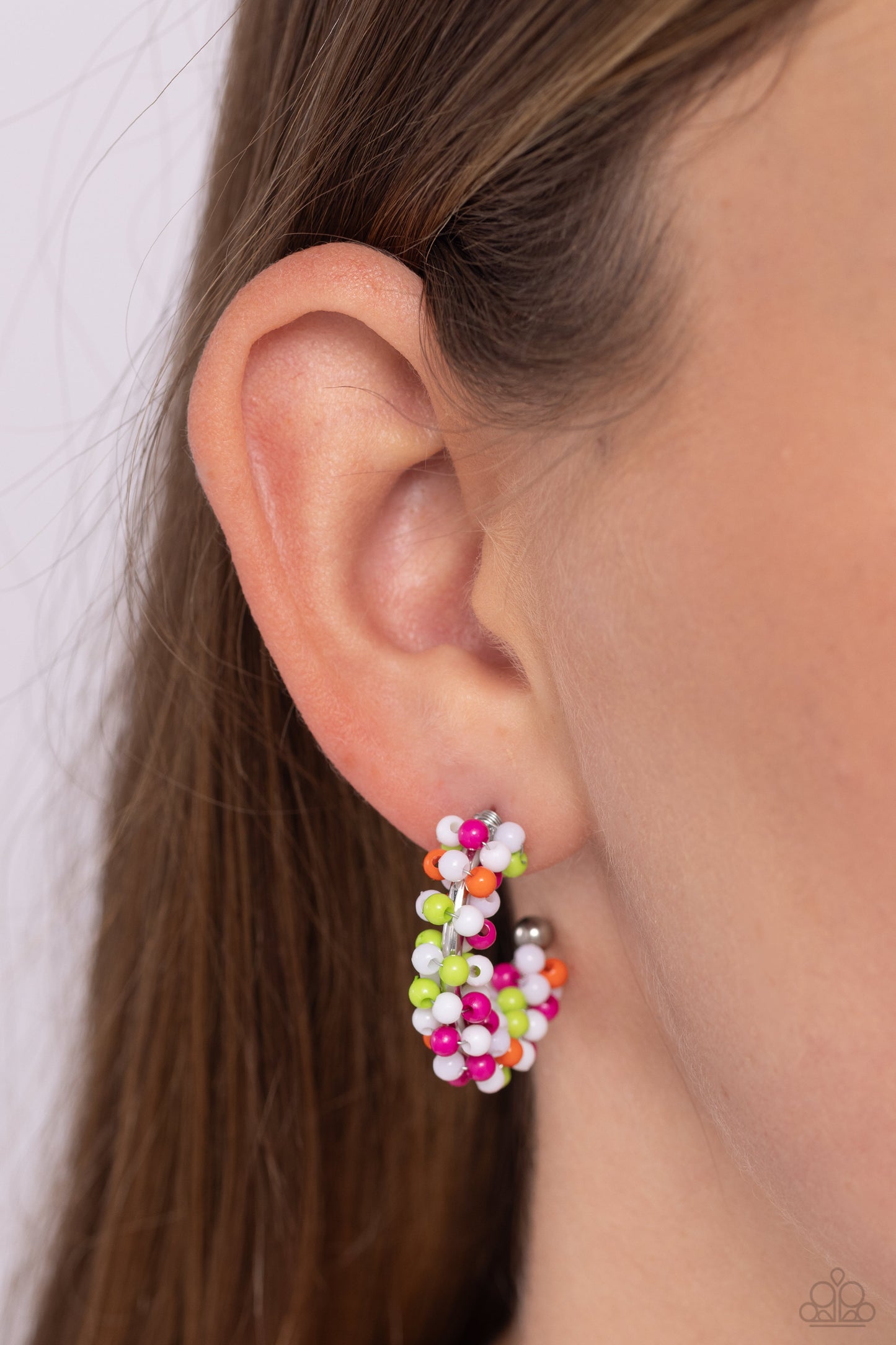 Balloon Backdrop - White, Kohlrabi, Rose Violet & Orange Seed Bead 1 Inch Hoop Earring Paparazzi E1910