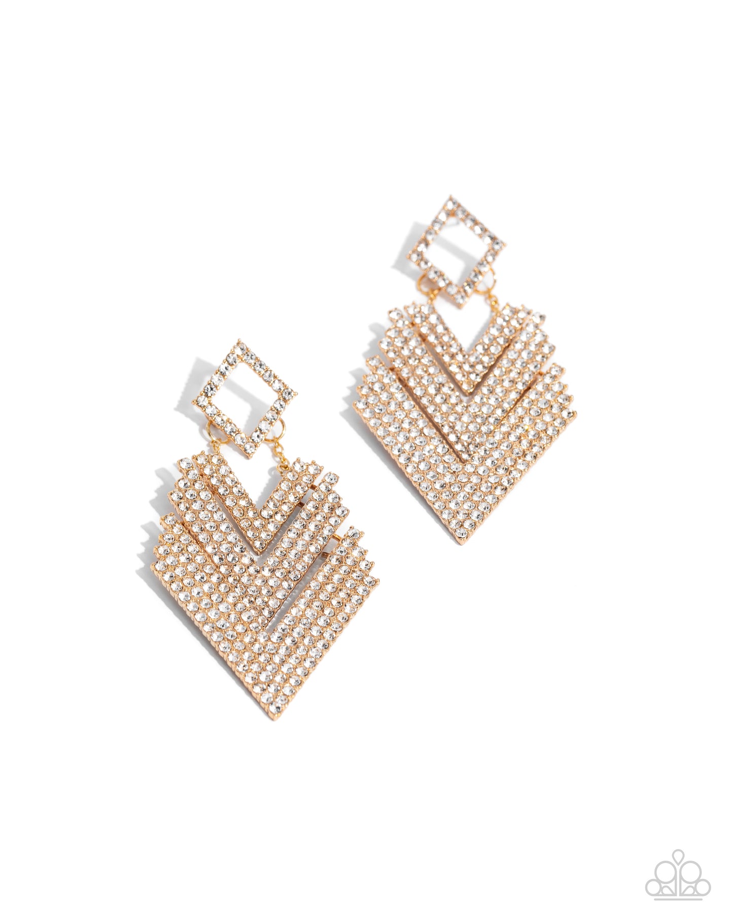 Cautious Caliber - Gold Diamond Shape Frame & White Rhinestone Post Earring Paparazzi E2268