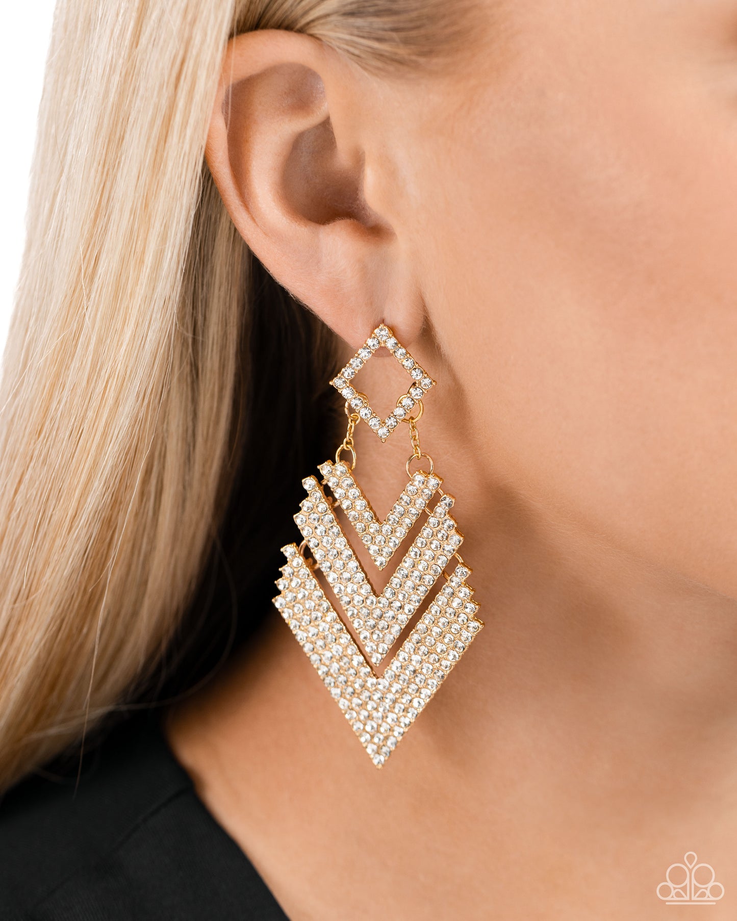 Cautious Caliber - Gold Diamond Shape Frame & White Rhinestone Post Earring Paparazzi E2268