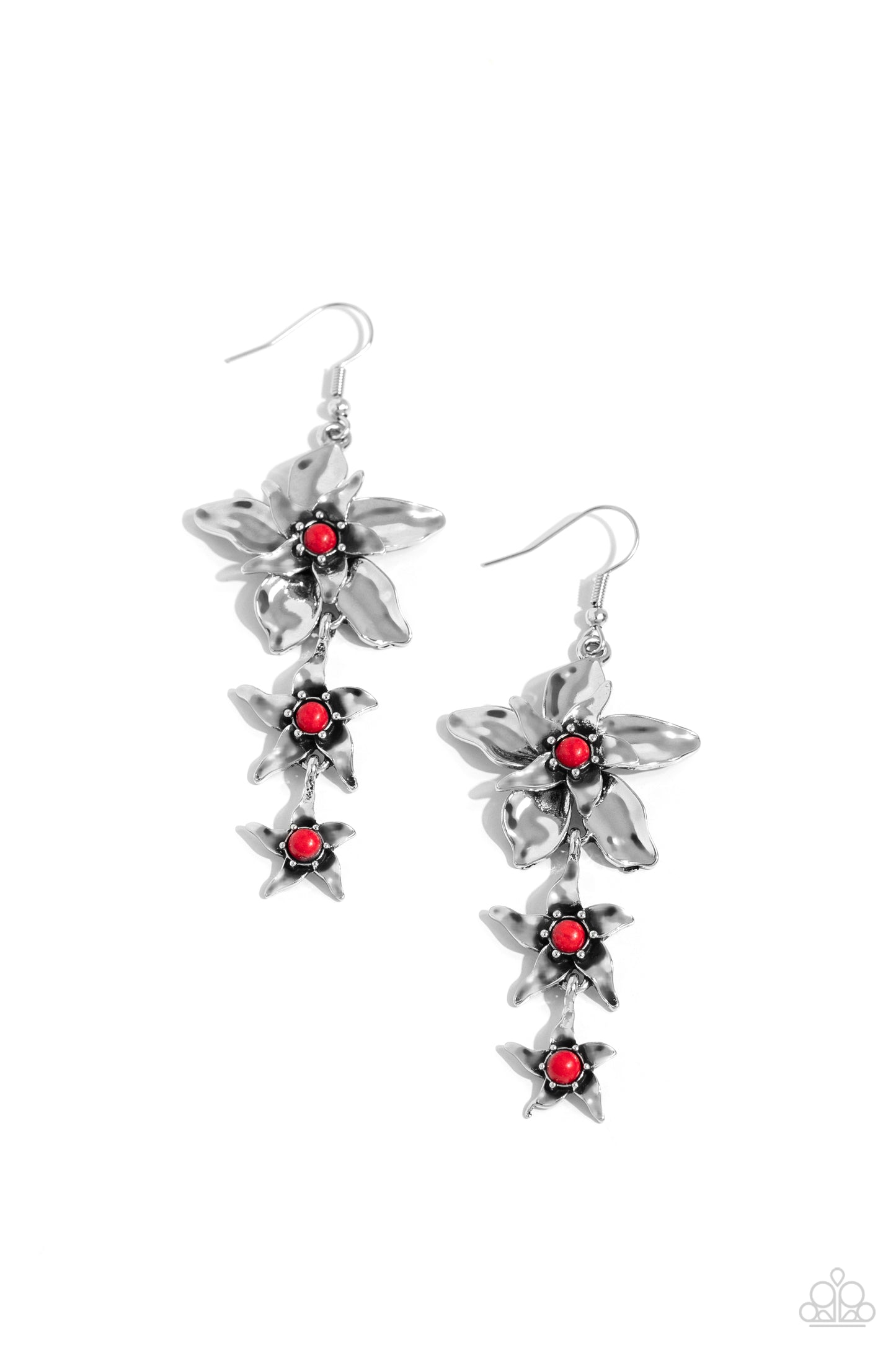 Tapered Tiers - Red Stone Silver Flower Santa Fe Style Earring Paparazzi E1978