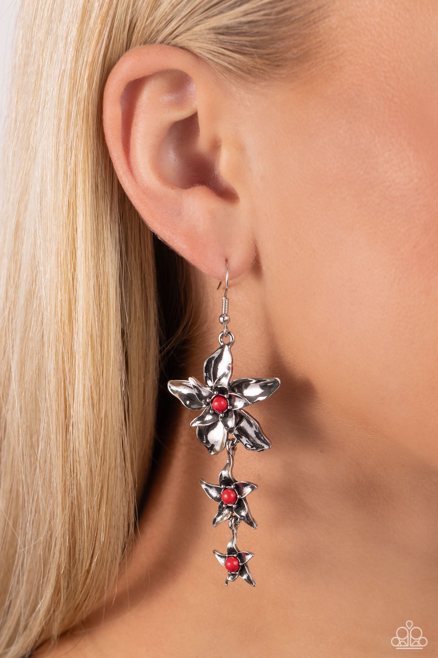 Tapered Tiers - Red Stone Silver Flower Santa Fe Style Earring Paparazzi E1978