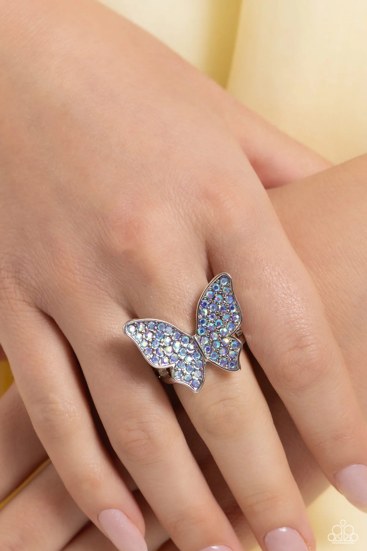 Paparazzi High Time - Blue Iridescent Rhinestone Silver Butterfly Ring R1085