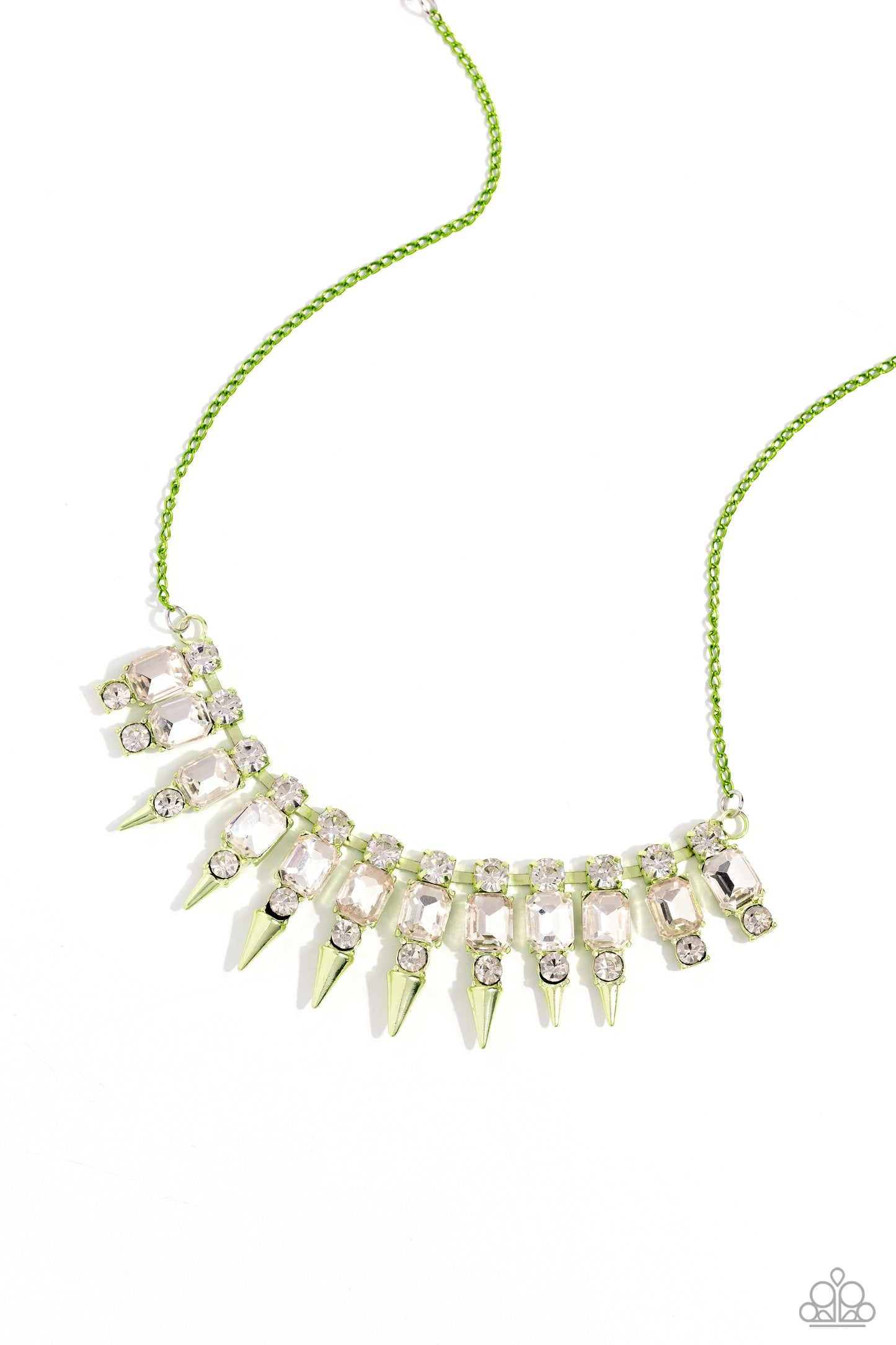 Punk Passion - Green Electric Metal Metallic Spikes & White Gem Necklace Paparazzi N2232