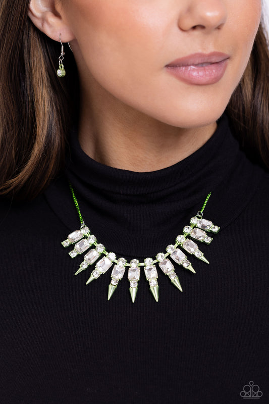 Punk Passion - Green Electric Metal Metallic Spikes & White Gem Necklace Paparazzi N2232