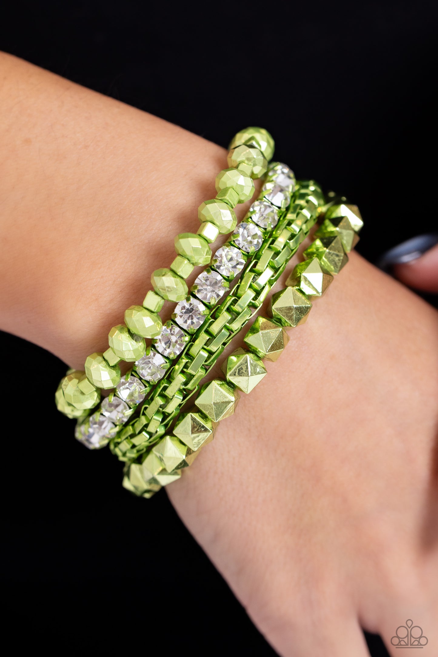 Punk Pattern - Green Electric Metal Set of 4 Stretch Bracelets Paparazzi B1533