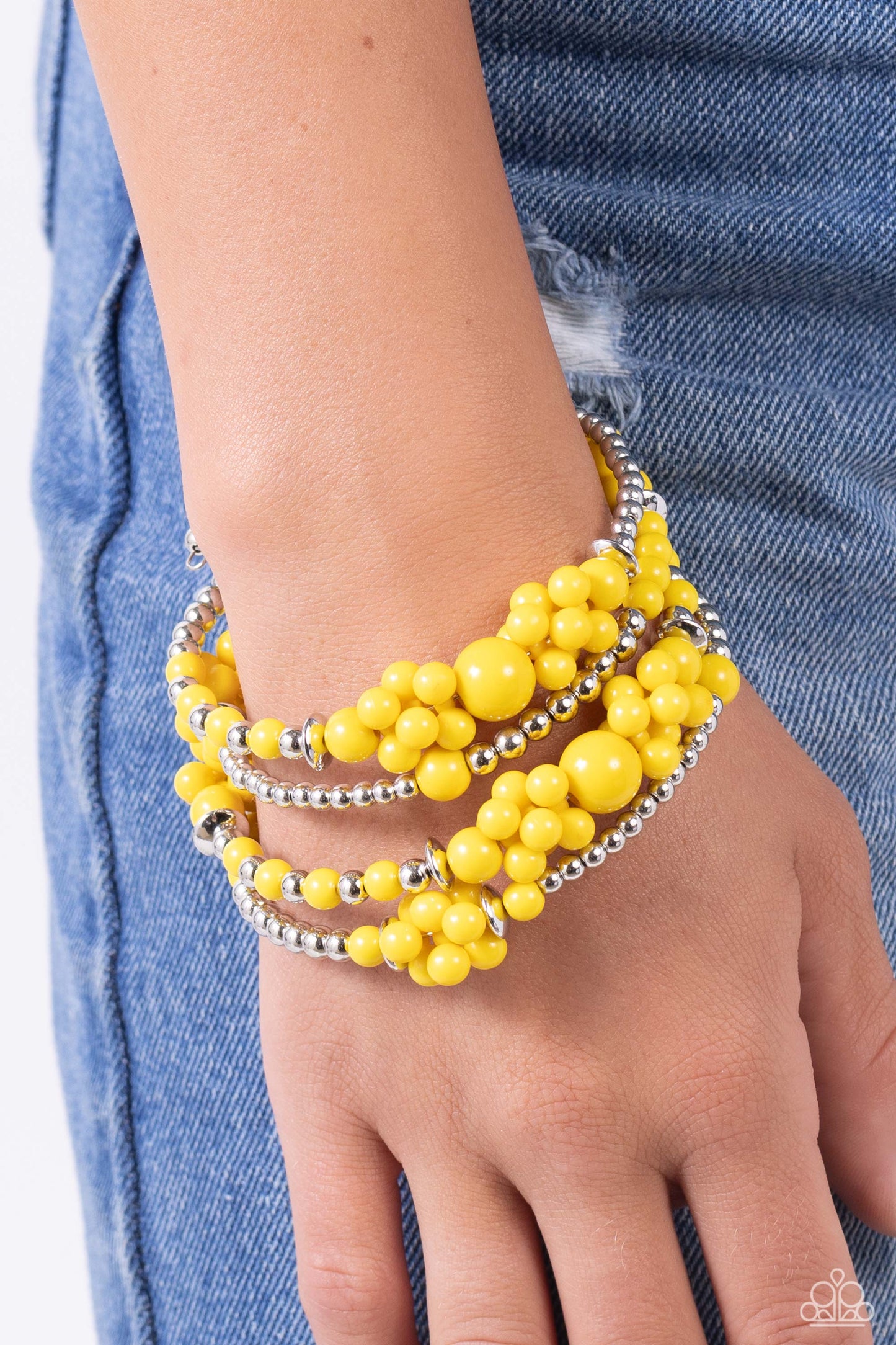 Compelling Clouds - Yellow High Visibility Acrylic Bead Coil Bracelet Paparazzi B1791