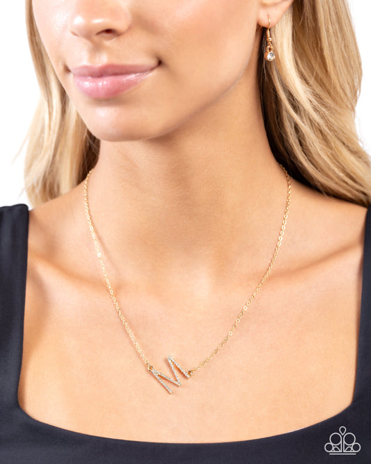 INITIALLY Yours - M - Gold Letter "M" & White Rhinestone Initial Necklace Paparazzi
