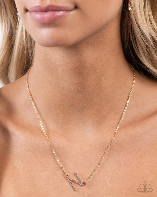 INITIALLY Yours - N - Gold Letter "N" & White Rhinestone Initial Necklace Paparazzi