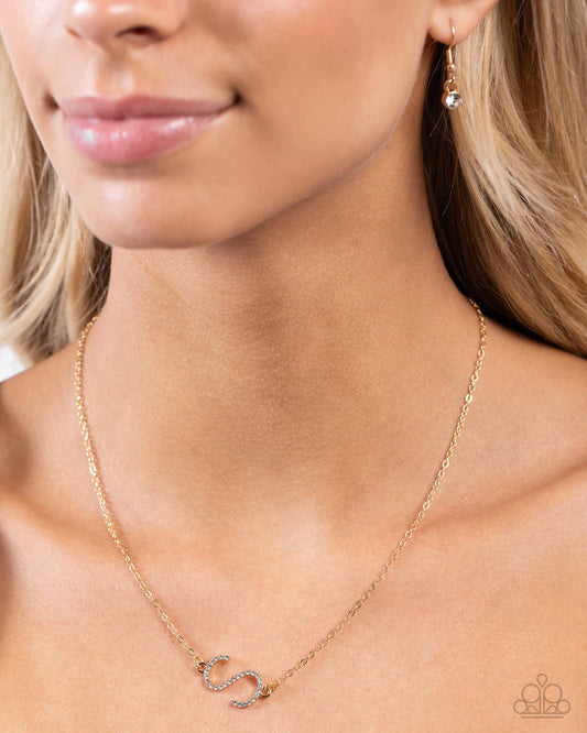 INITIALLY Yours - S - Gold Letter "S" & White Rhinestone Initial Necklace Paparazzi