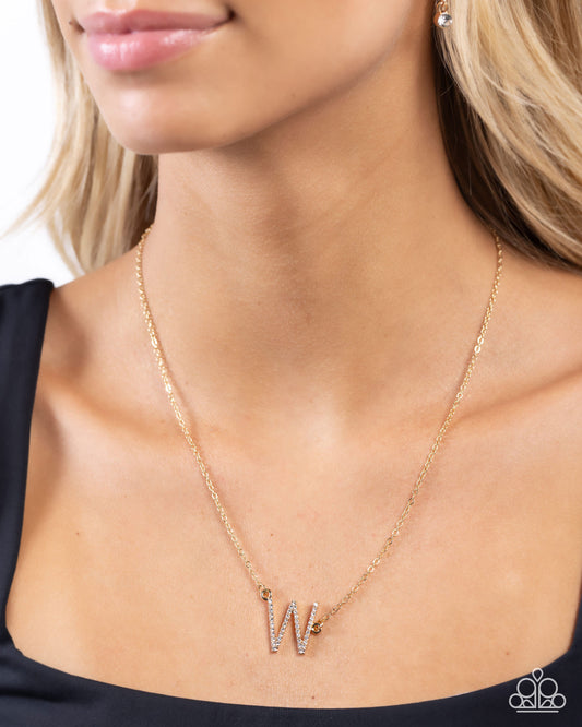 INITIALLY Yours - W - Gold Letter "W" & White Rhinestone Initial Necklace Paparazzi
