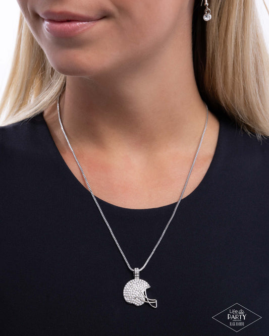 Touchdown Twinkle - White Rhinestone Football Helmet Necklace Black Diamond Encore Life Of The Party Paparazzi N3209