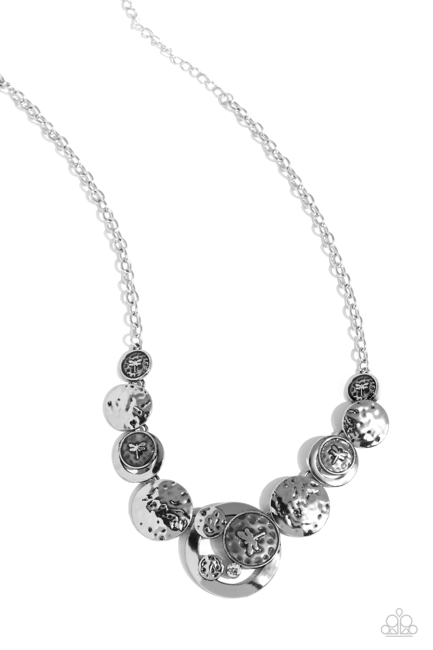 Dragonfly Design - Silver Hammered Disc Dragonfly Embellished Necklace Paparazzi N2321