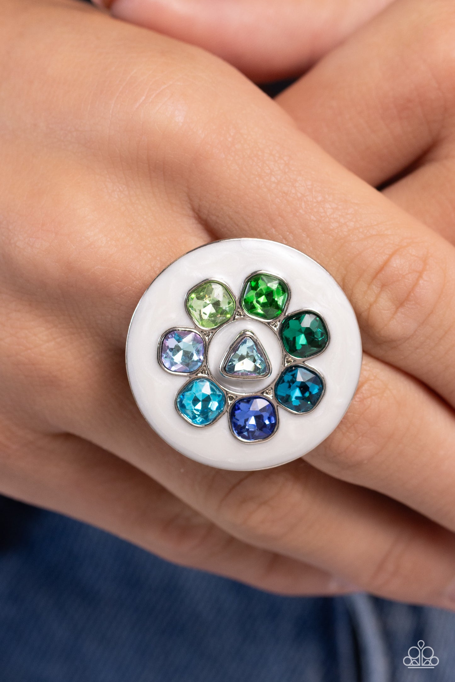 Captivating Centerpiece - Blue & Green Radiant Cut Gem White Pearly Hue Oversized Ring Paparazzi R0708