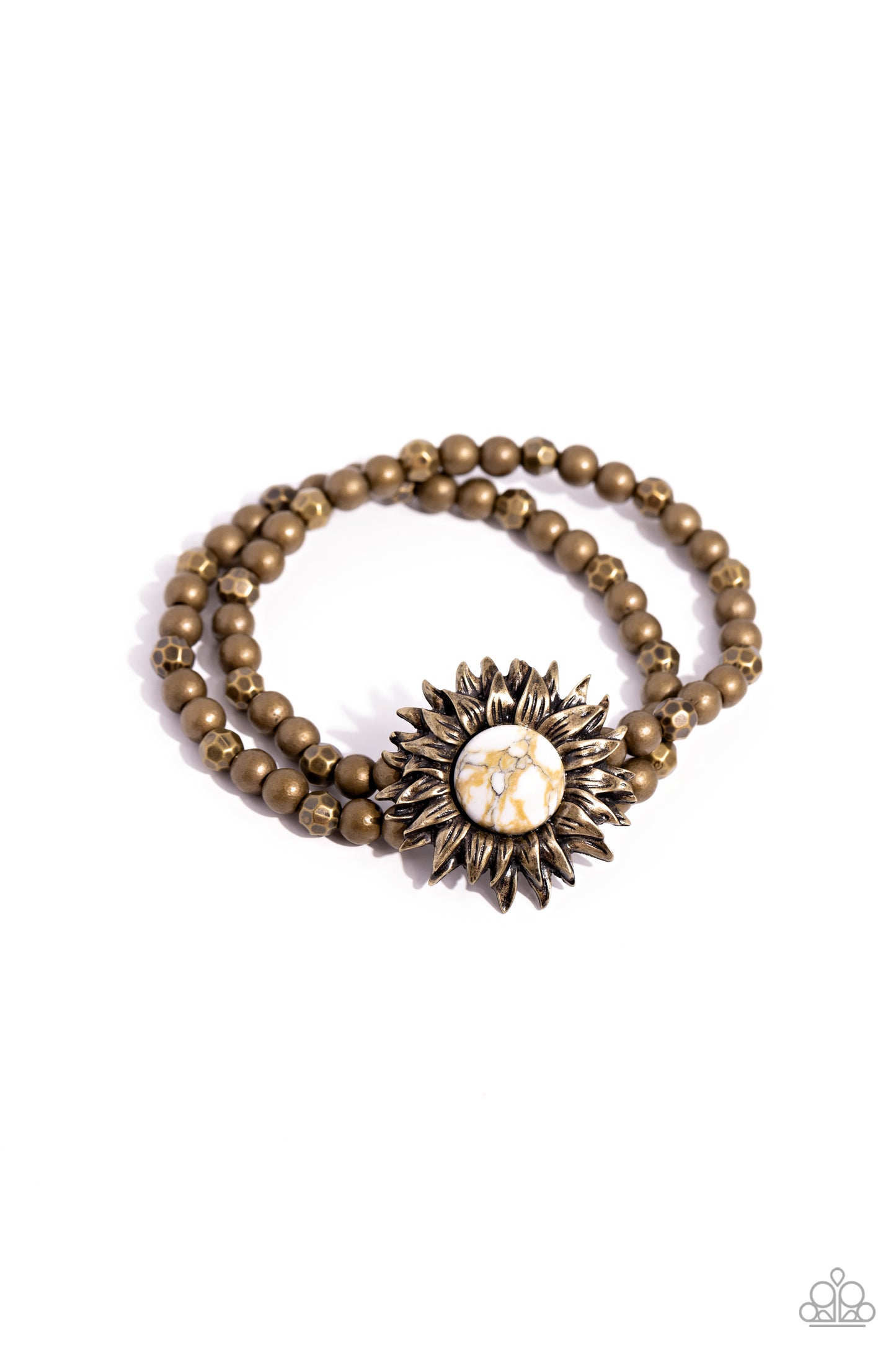 Sunflower Serenity - Brass Bead White Stone Marbled Stretch Bracelet Paparazzi B1705