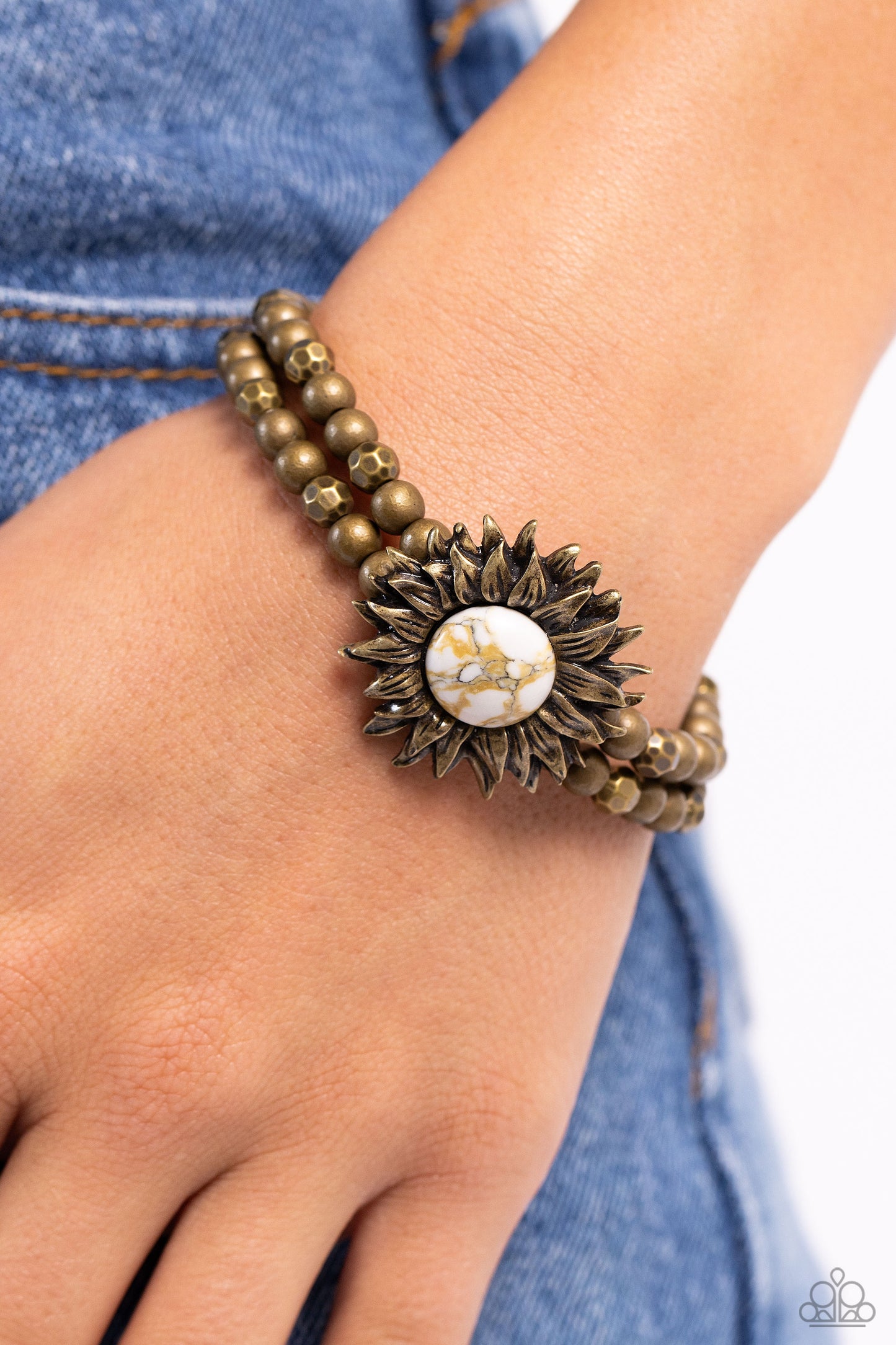 Sunflower Serenity - Brass Bead White Stone Marbled Stretch Bracelet Paparazzi B1705