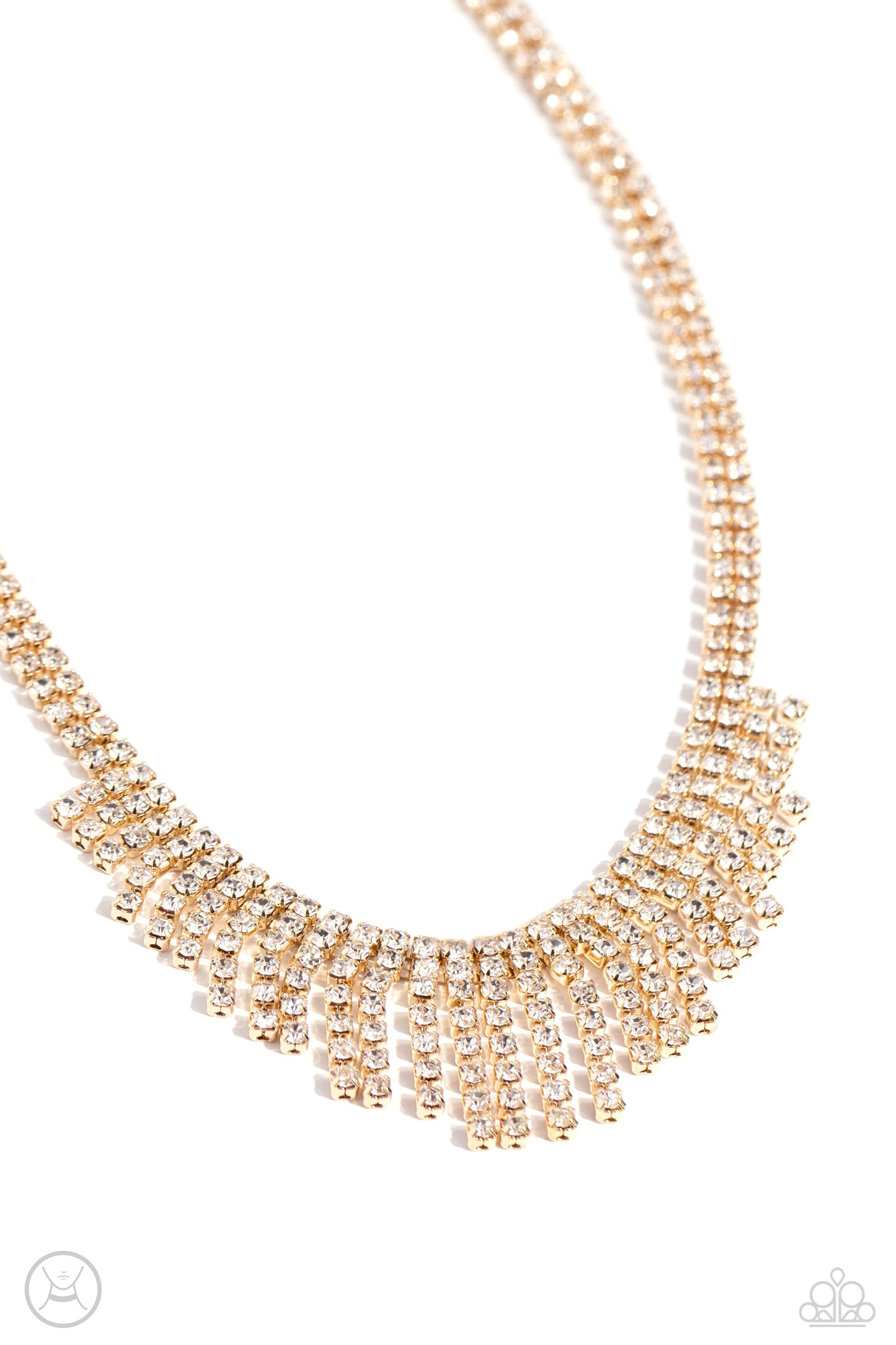 Daring Decadence - Gold & White Rhinestone Fringe Choker Necklace Paparazzi