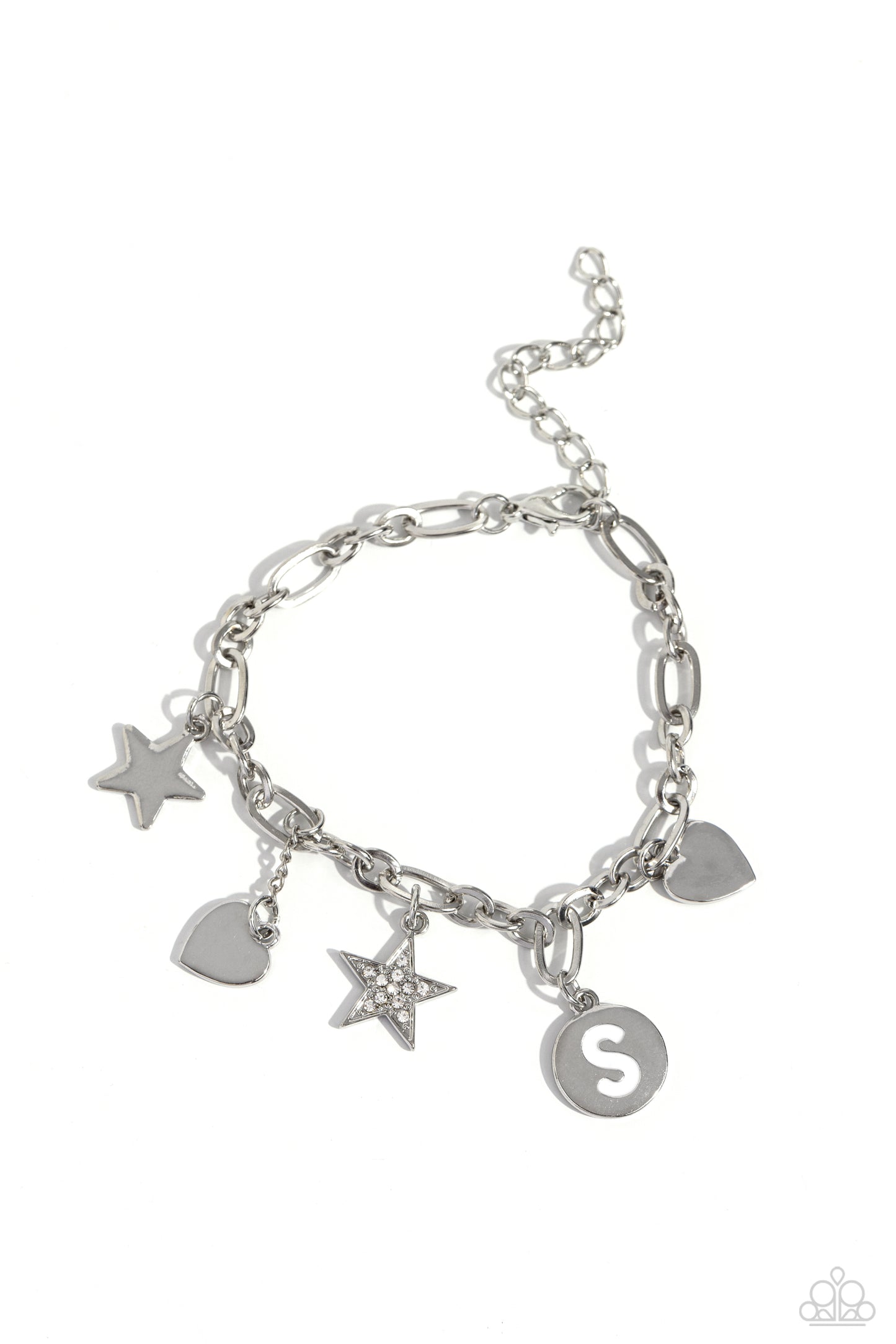 Legacy Letters - White - S Initial, Rhinestone Star & Silver Heart Charm Bracelet Paparazzi B1801