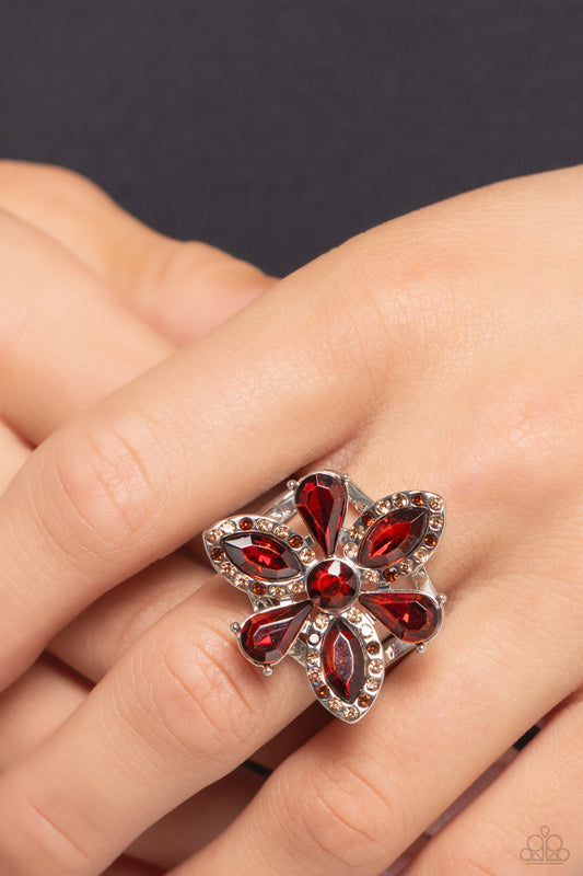 Blazing Blooms - Brown Tea, Topaz, Light Peach Rhinestone Ring Paparazzi R0701