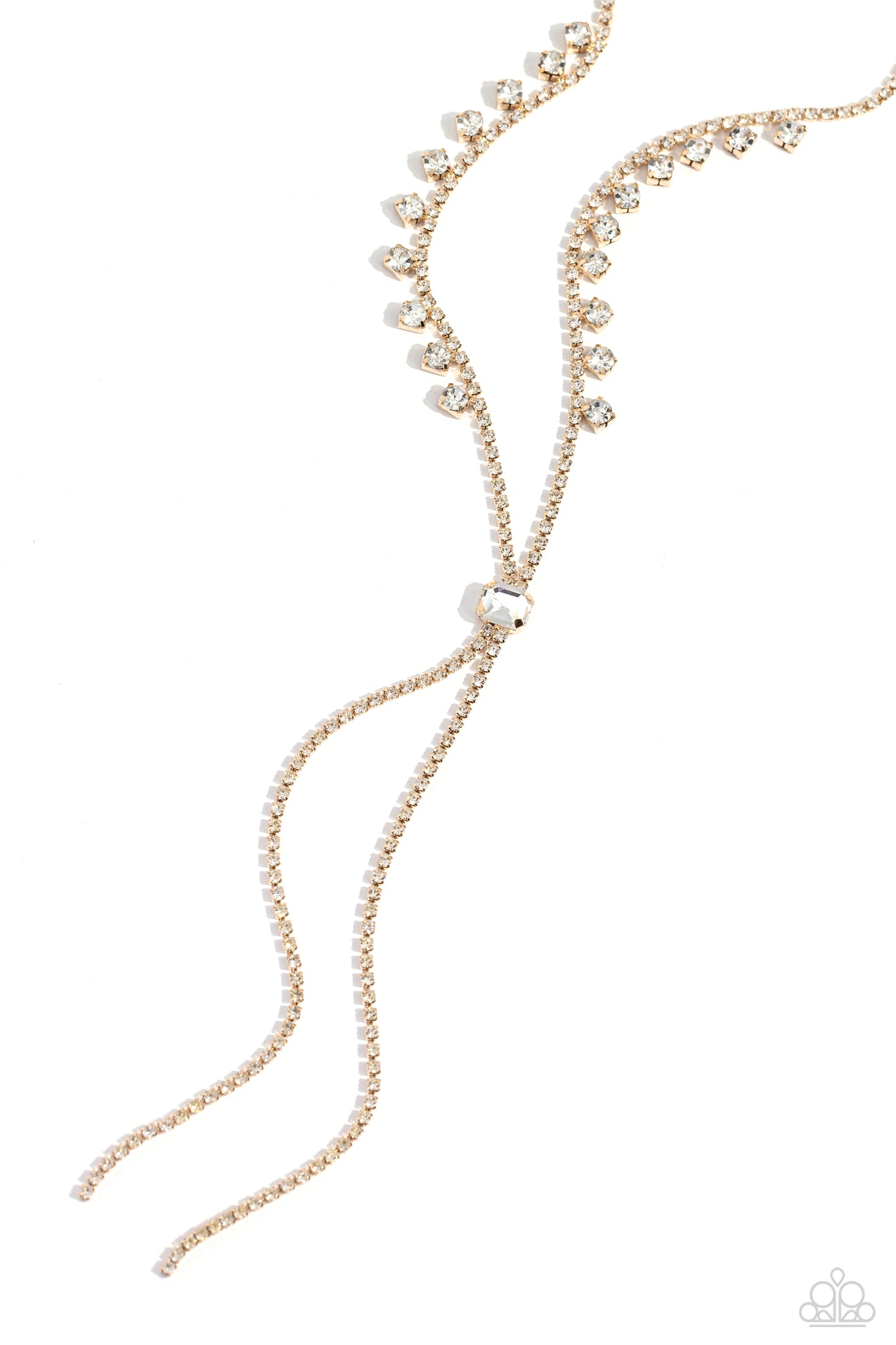 Synchronized SHIMMER - Gold Box Chain White Rhinestone Lariat Like Necklace Paparazzi N2510