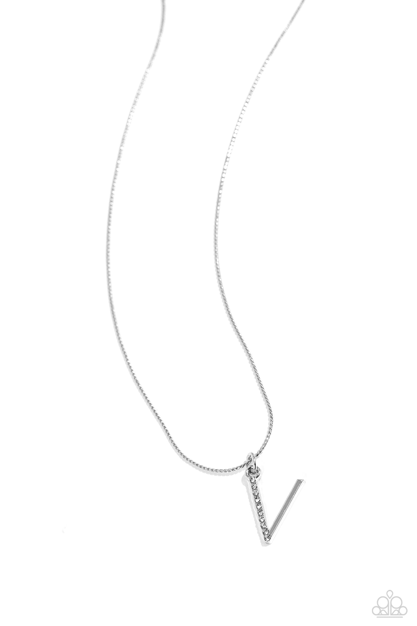 Letter of the Law - White - V White Rhinestone Initial Necklace Paparazzi N2685