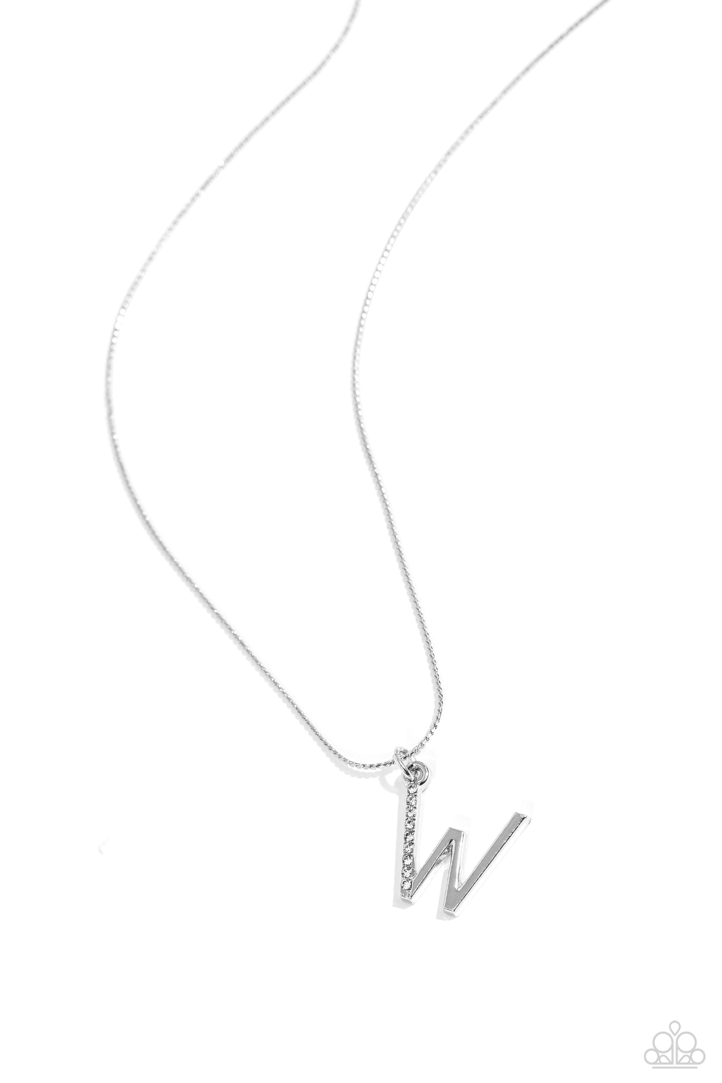 Letter of the Law - White - W Initial White Rhinestone Necklace Paparazzi N2686