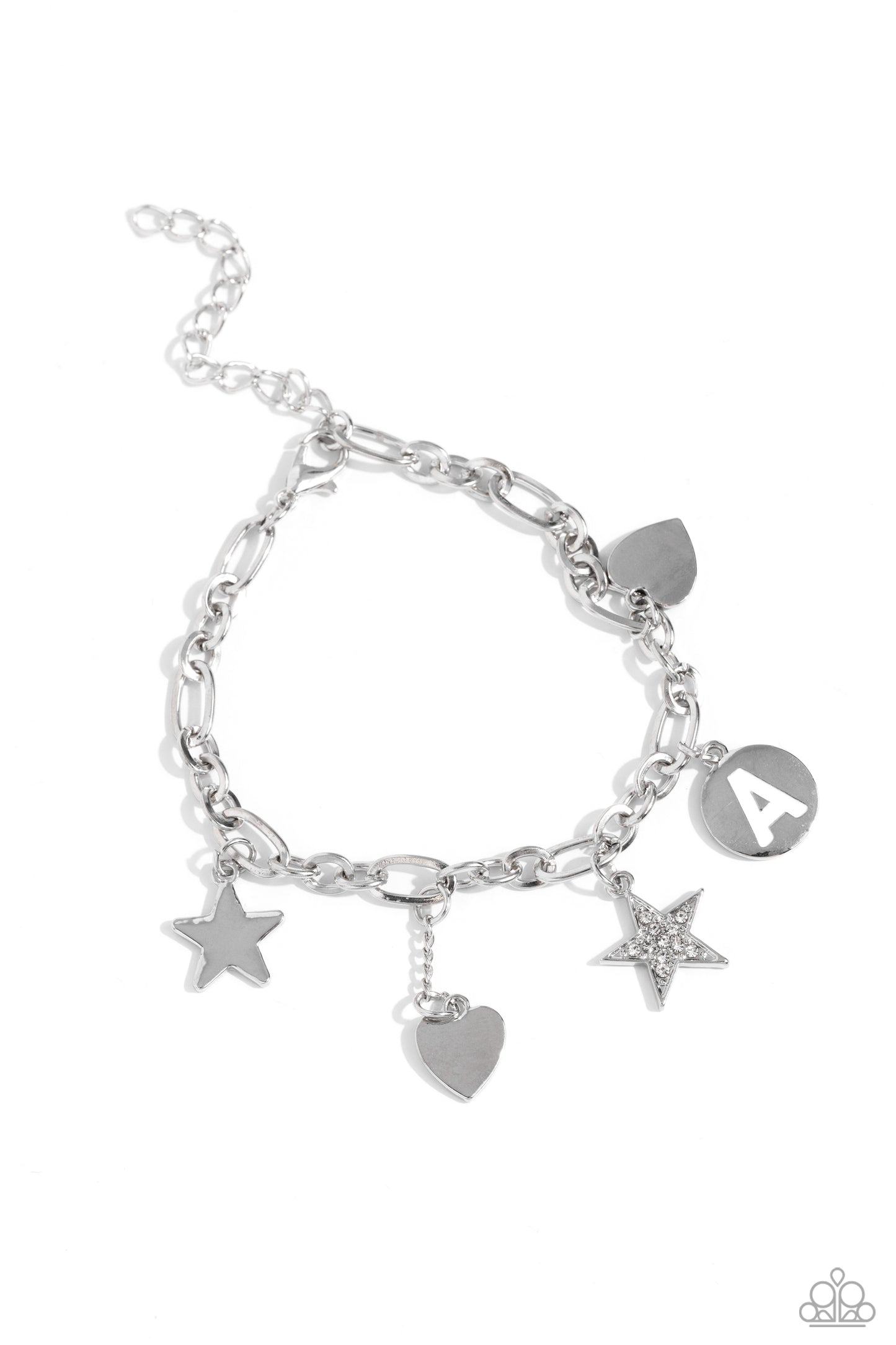 Legacy Letters - White - A Initial White Rhinestone Star, Silver Heart Charm Bracelet Paparazzi B1799