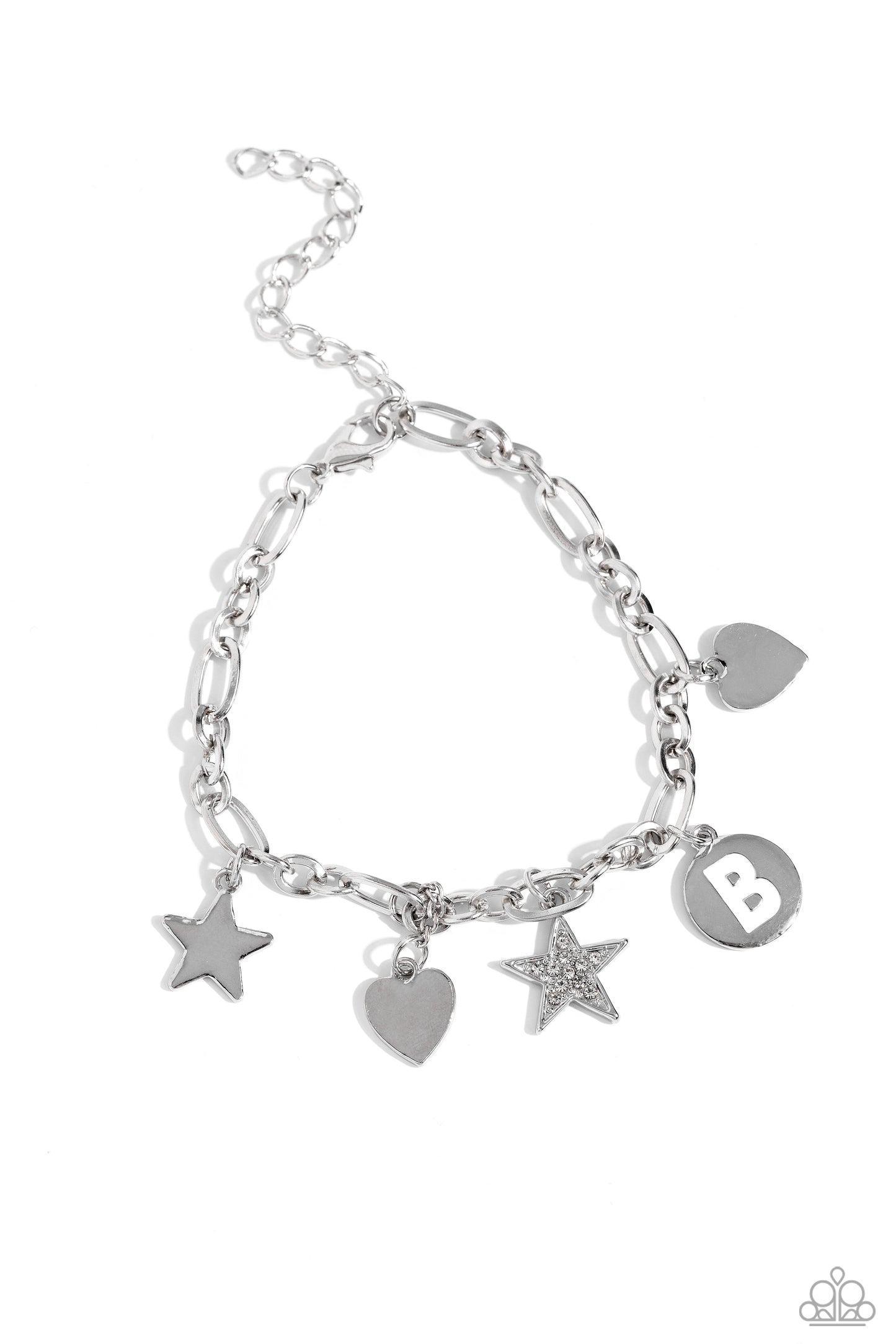 Legacy Letters - White - B Initial, Silver Rhinestone Star & Silver Heart Charm Bracelet Paparazzi B1813