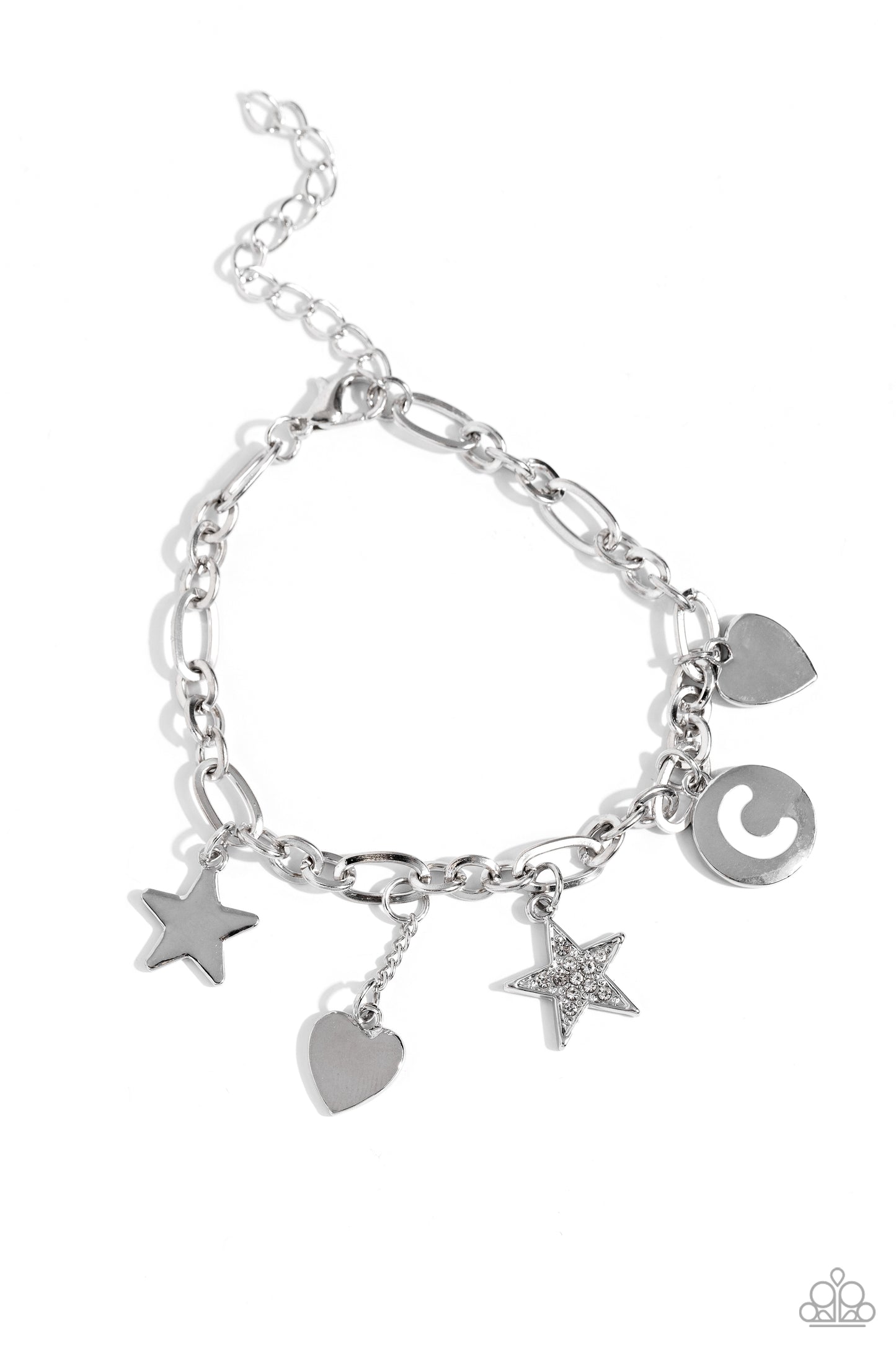 Legacy Letters - White - C Initial, Silver Rhinestone Star & Silver Heart Charm Bracelet Paparazzi B1800