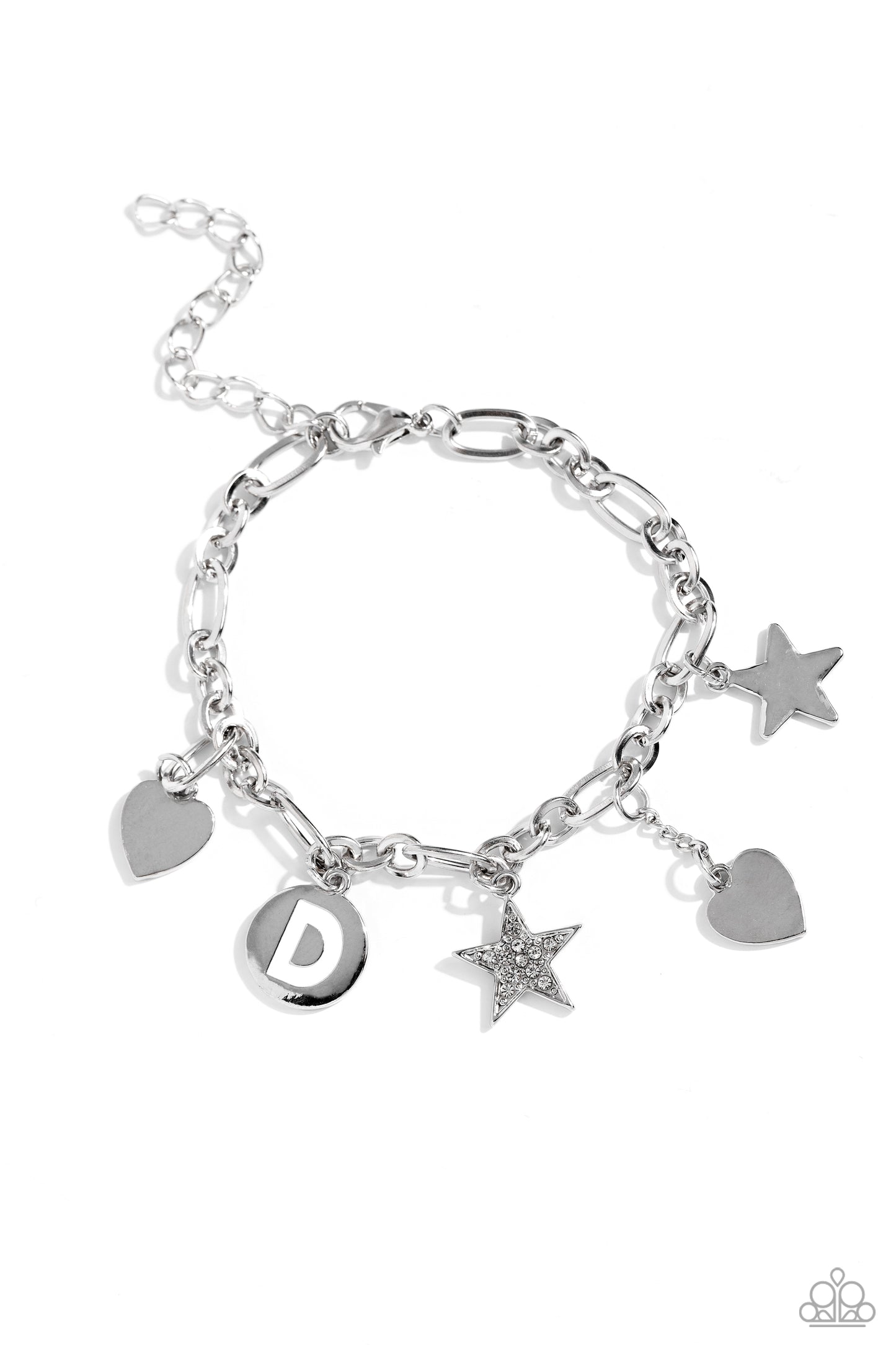 Legacy Letters - White - D Initial Rhinestone Star, Silver Heart Charm Bracelet Paparazzi B1803