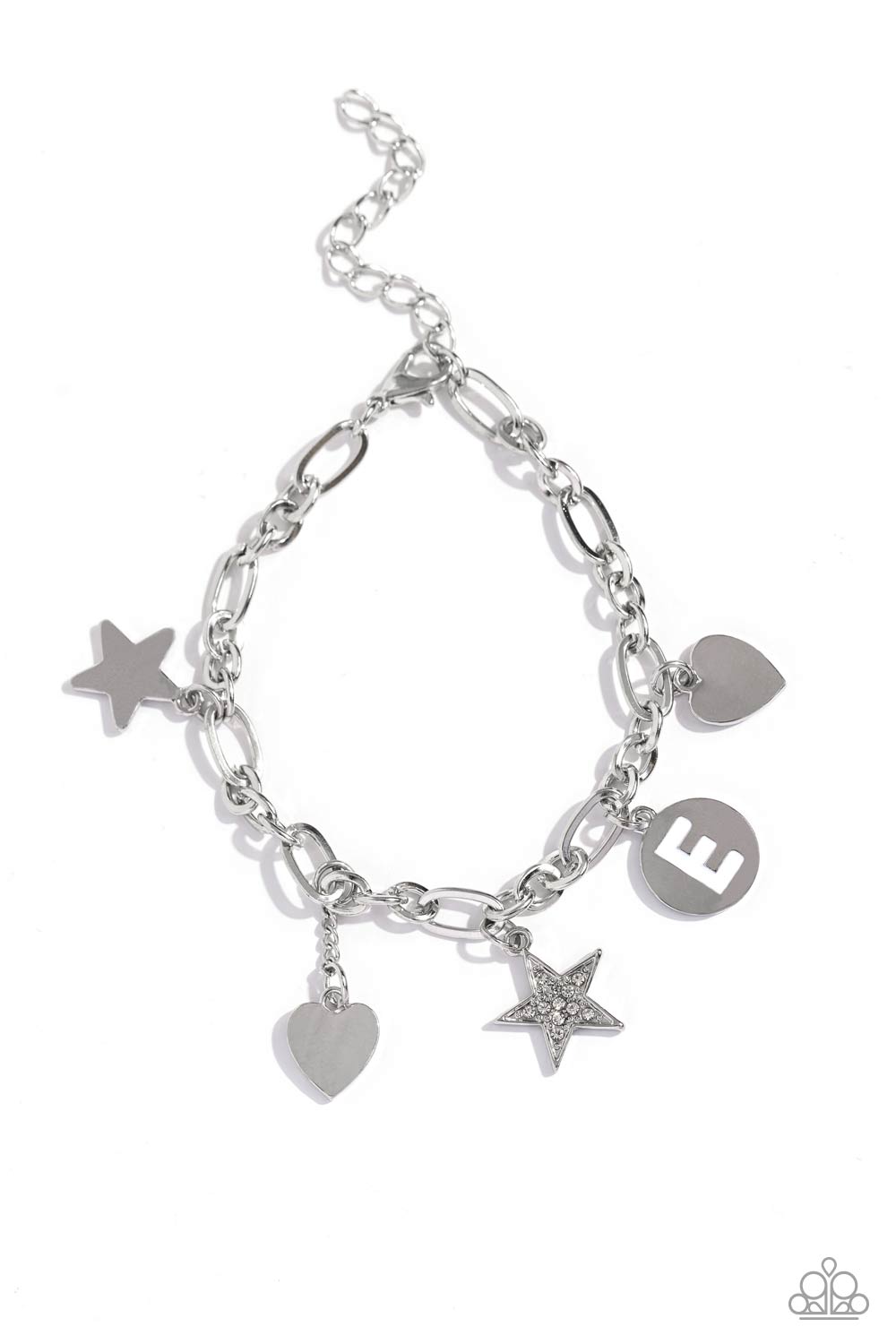 Legacy Letters - White - E Initial Rhinestone Star, Silver Heart Charm Bracelet Paparazzi B1804