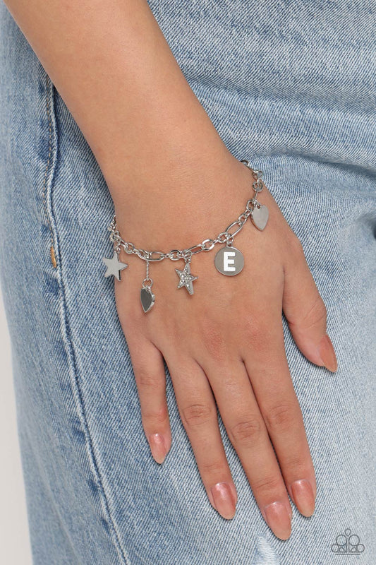 Legacy Letters - White - E Initial Rhinestone Star, Silver Heart Charm Bracelet Paparazzi B1804