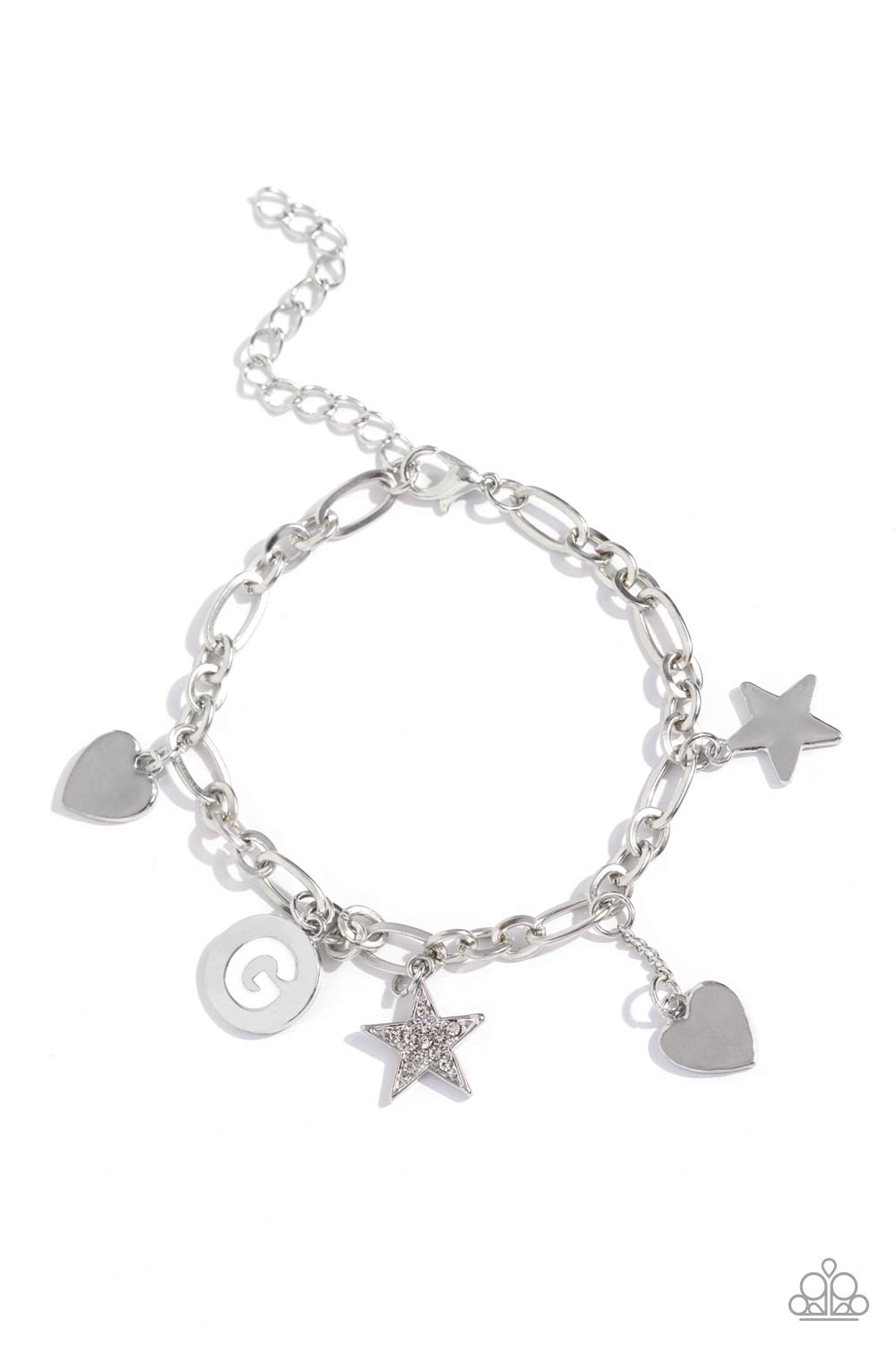 Legacy Letters - White - G Initial Silver Rhinestone Star, Silver Heart Charm Bracelet Paparazzi B1810