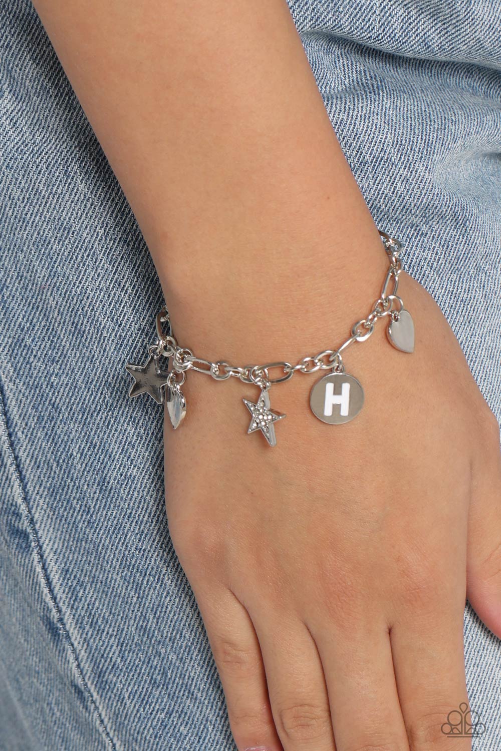 Legacy Letters - White - H Initial White Rhinestone Star & Heart Charm Bracelet Paparazzi B1811