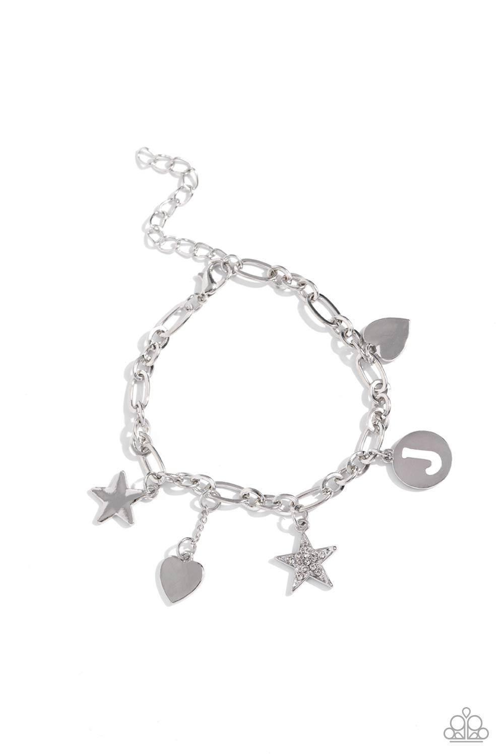 Legacy Letters - White - J Initial, Silver Rhinestone Star & Silver Heart Charm Bracelet Paparazzi B1806