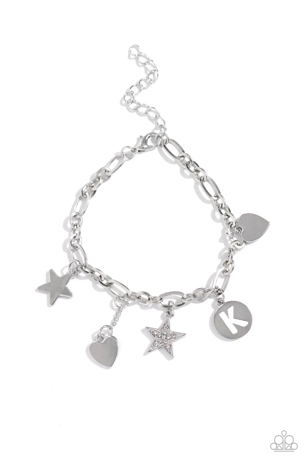 Legacy Letters - White - K Initial, Silver Rhinestone Star & Silver Heart Charm Bracelet Paparazzi B1807