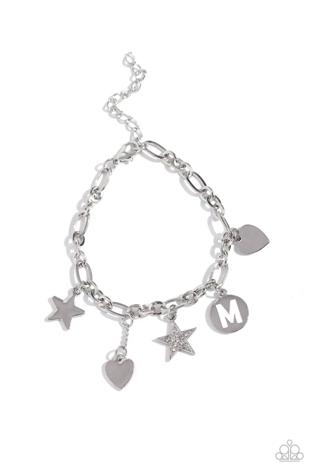 Legacy Letters - White - M Initial, White Rhinestone Star, Silver Heart Charm Bracelet Paparazzi B1808