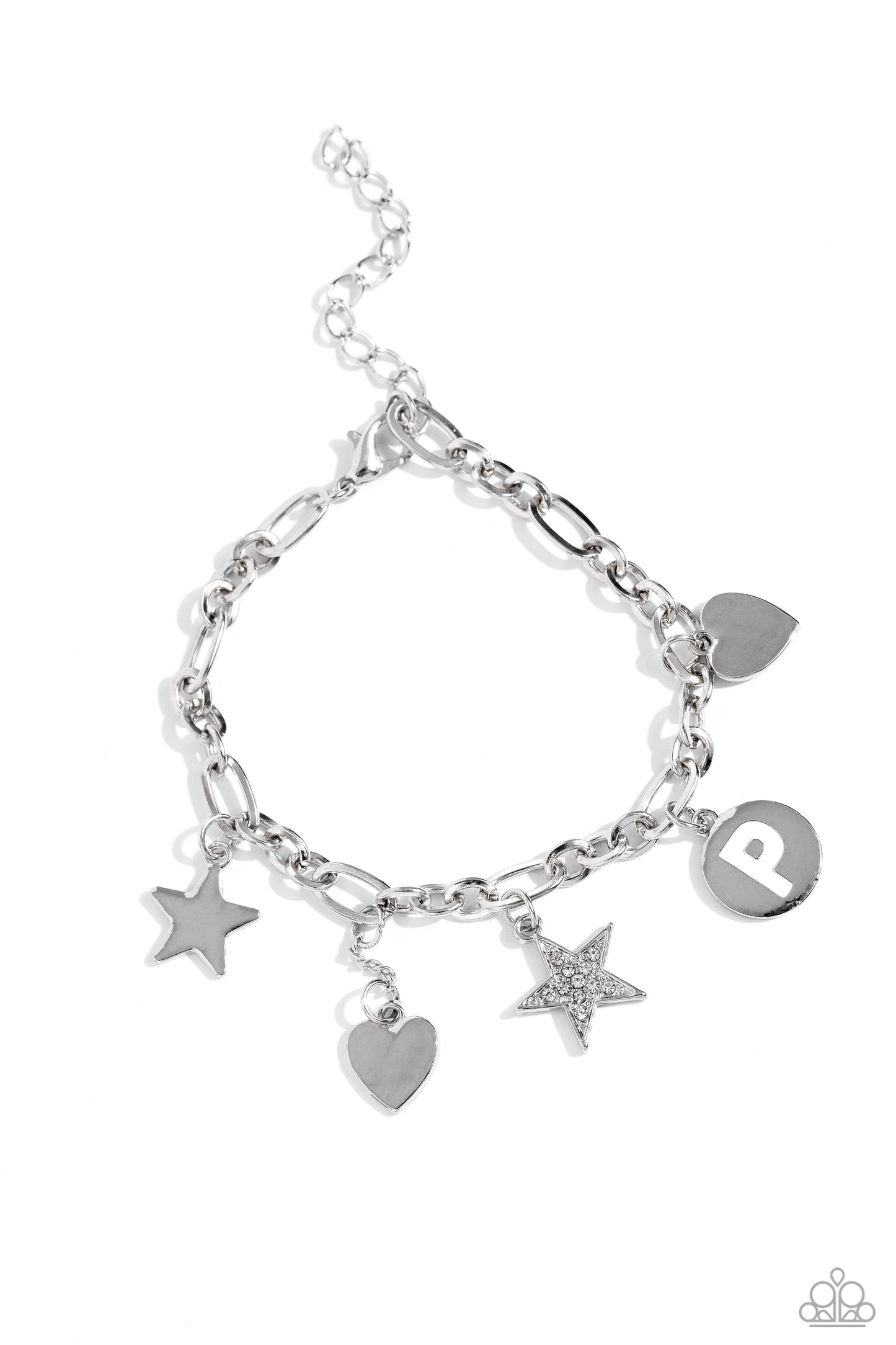 Legacy Letters - White - P Silver Initial, Rhinestone Star & Silver Heart Charm Bracelet Paparazzi B1812