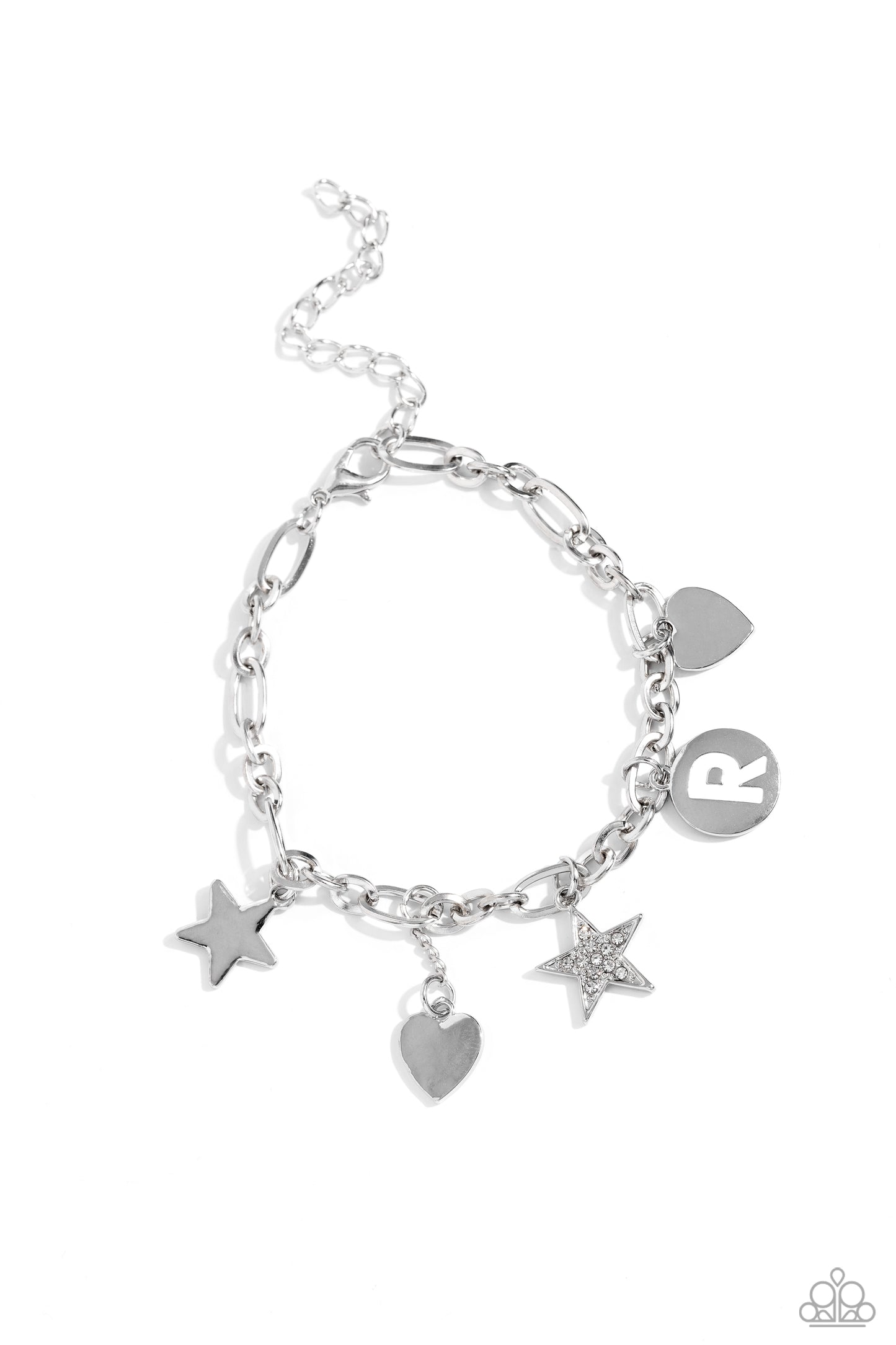 Legacy Letters - White - R Initial White Rhinestone Star, Silver Heart Charm Bracelet Paparazzi B1802