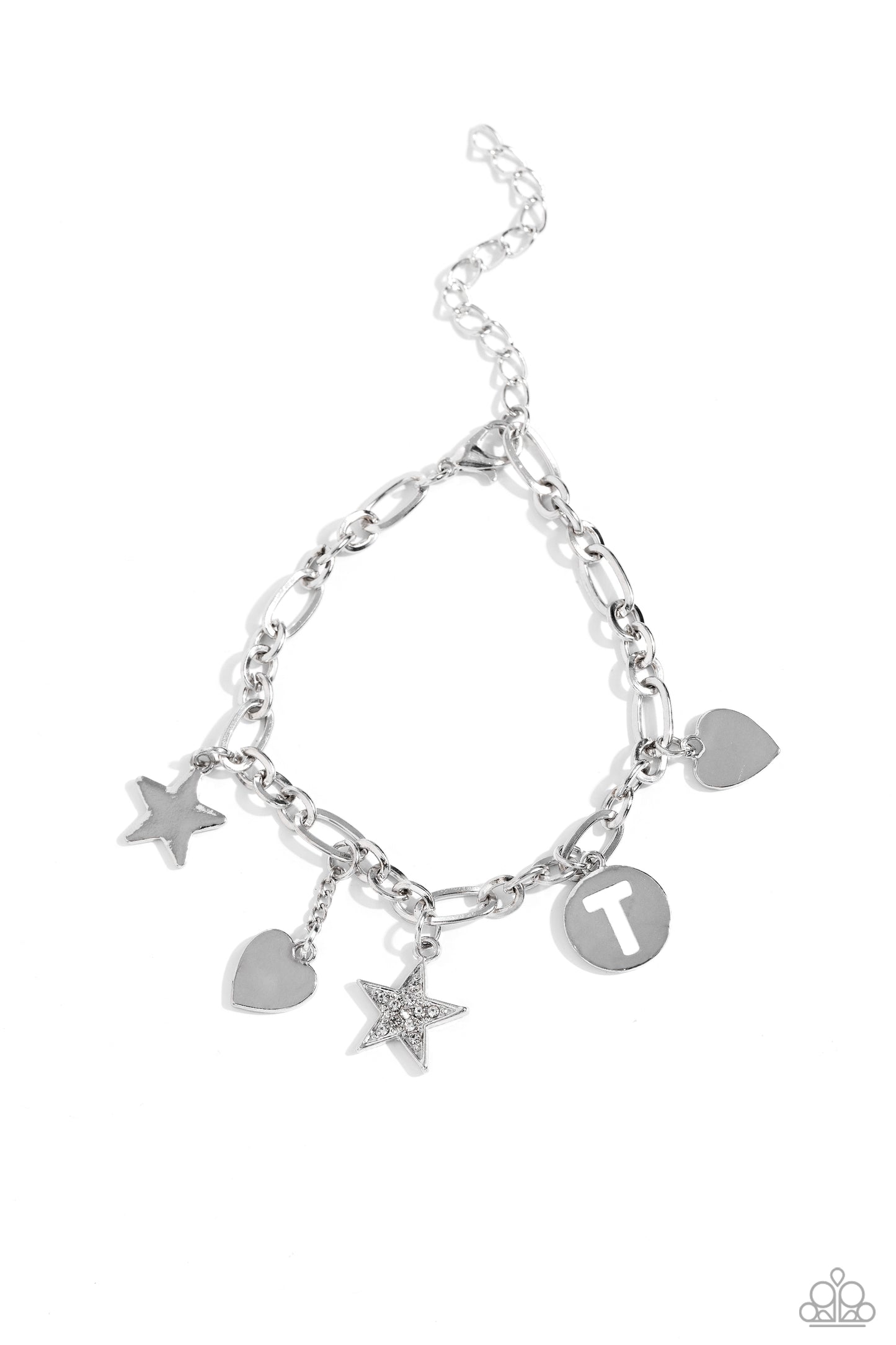 Legacy Letters - White - T Initial White Rhinestone Star, Silver Heart Charm Bracelet Paparazzi B1805