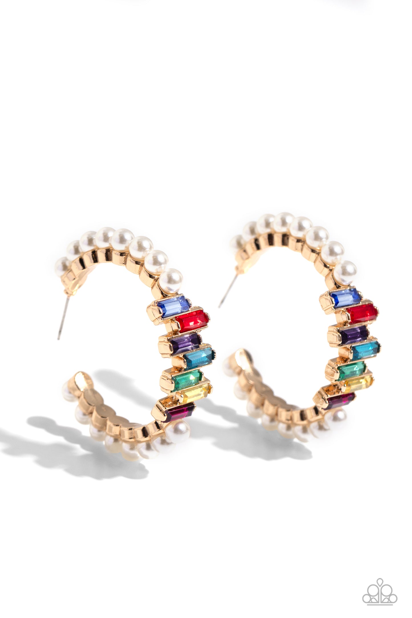 Modest Maven - Gold White Pearl, Multicolored Emerald Cut Gem 1 3/4 Inch Hoop Earring Paparazzi E1968