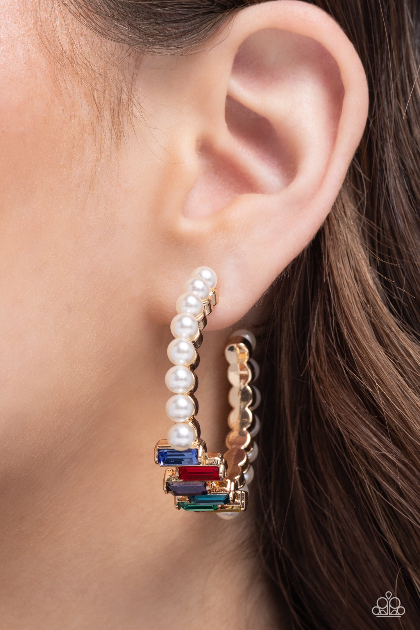 Modest Maven - Gold White Pearl, Multicolored Emerald Cut Gem 1 3/4 Inch Hoop Earring Paparazzi E1968